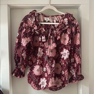 Red and Pink Ruffled Tie Front Blouse with 3/4 Sleeves